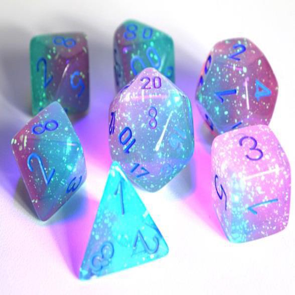 Chessex Dice: Lab Dice 3 Gemini: Poly Luminary Gel Green/Pink/Blue (7)