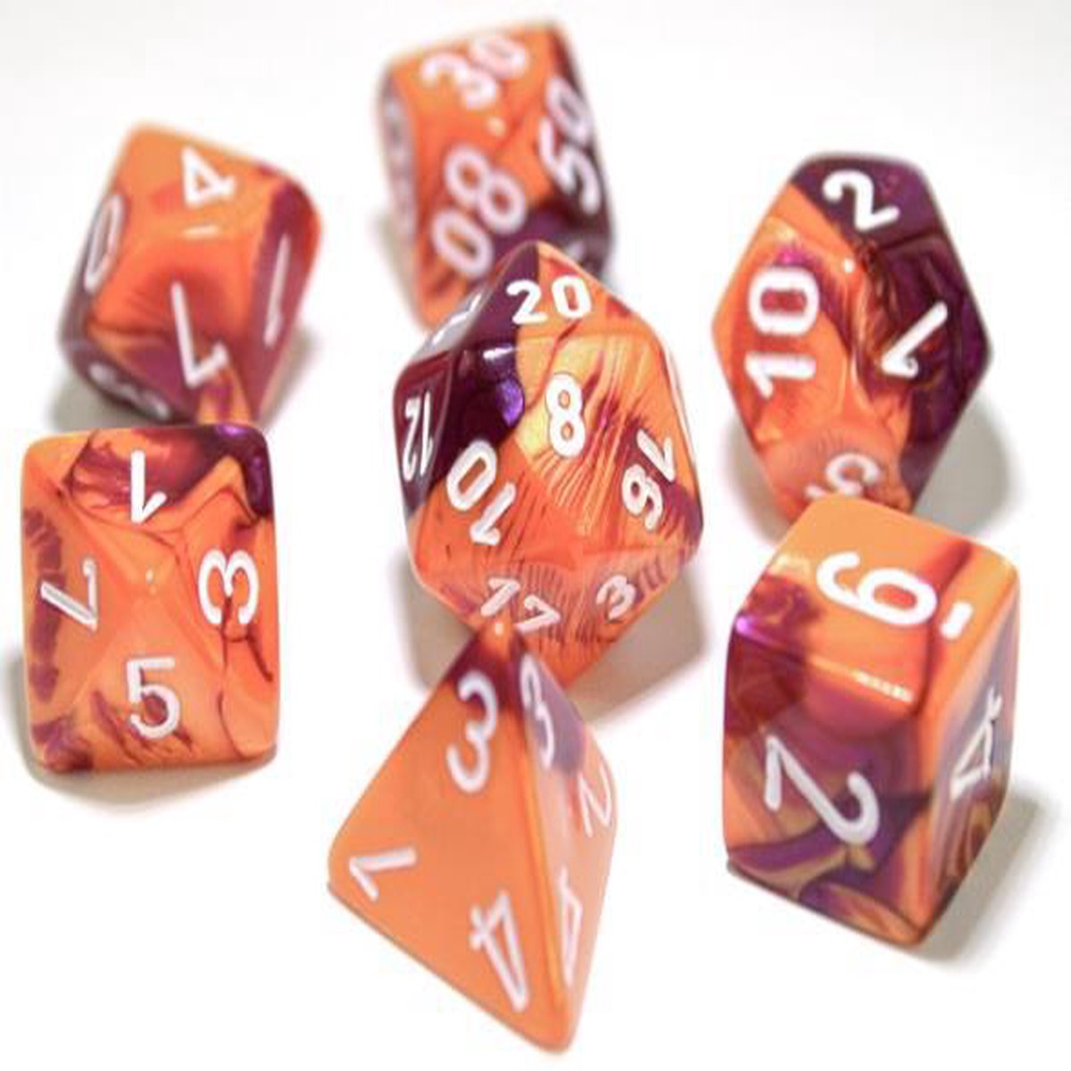 Chessex Dice: Lab Dice 3 Gemini: Poly Orange/Purple/White (7)