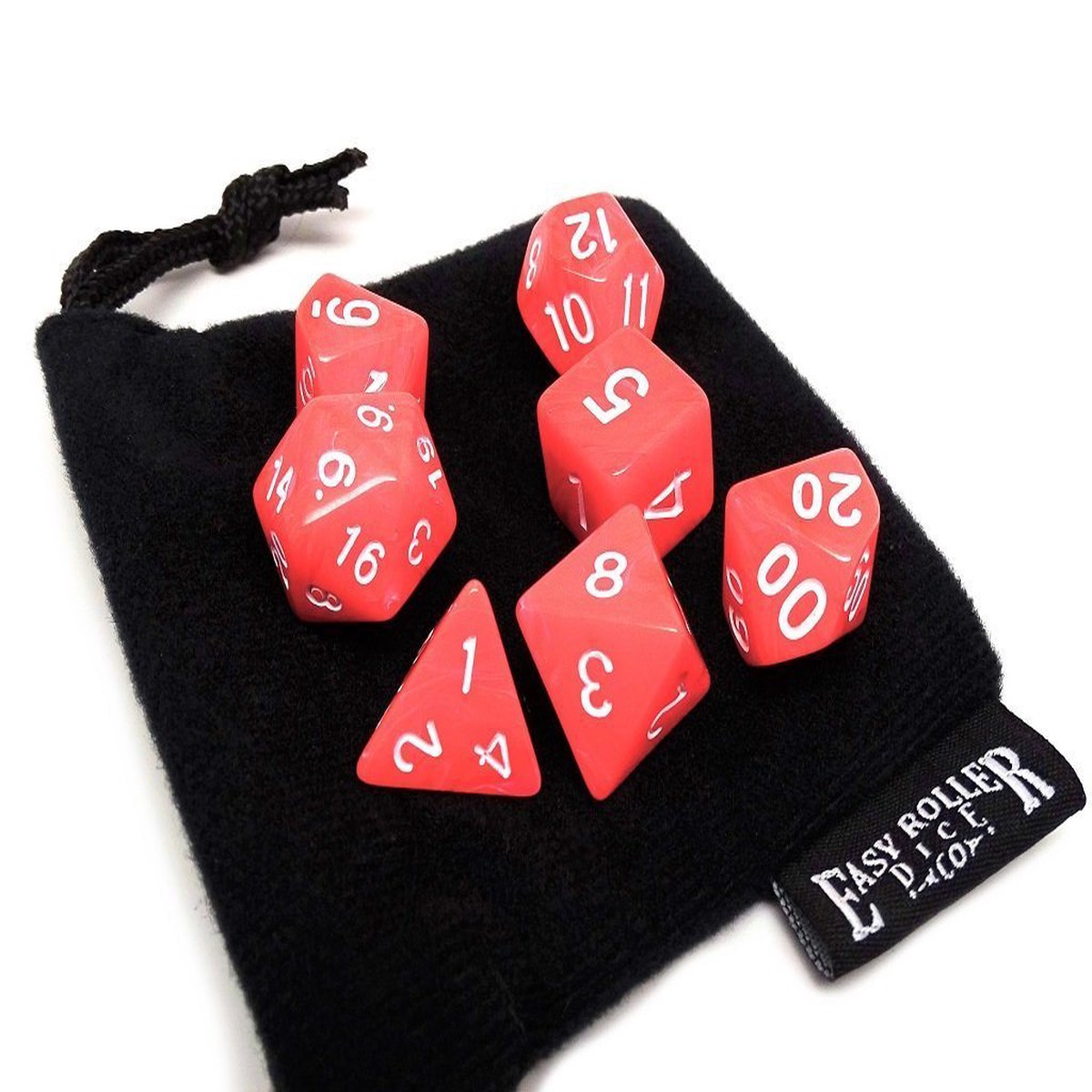 Coral Red Fossil Dice - 7 Piece Set With Bag