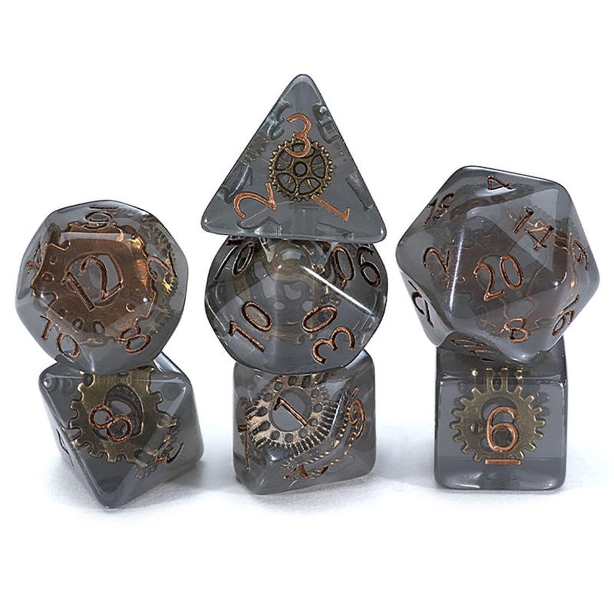 Gake Keeper Games - Steampunk Inclusion RPG Dice Set - Transparent Smoke Resin/Bronze