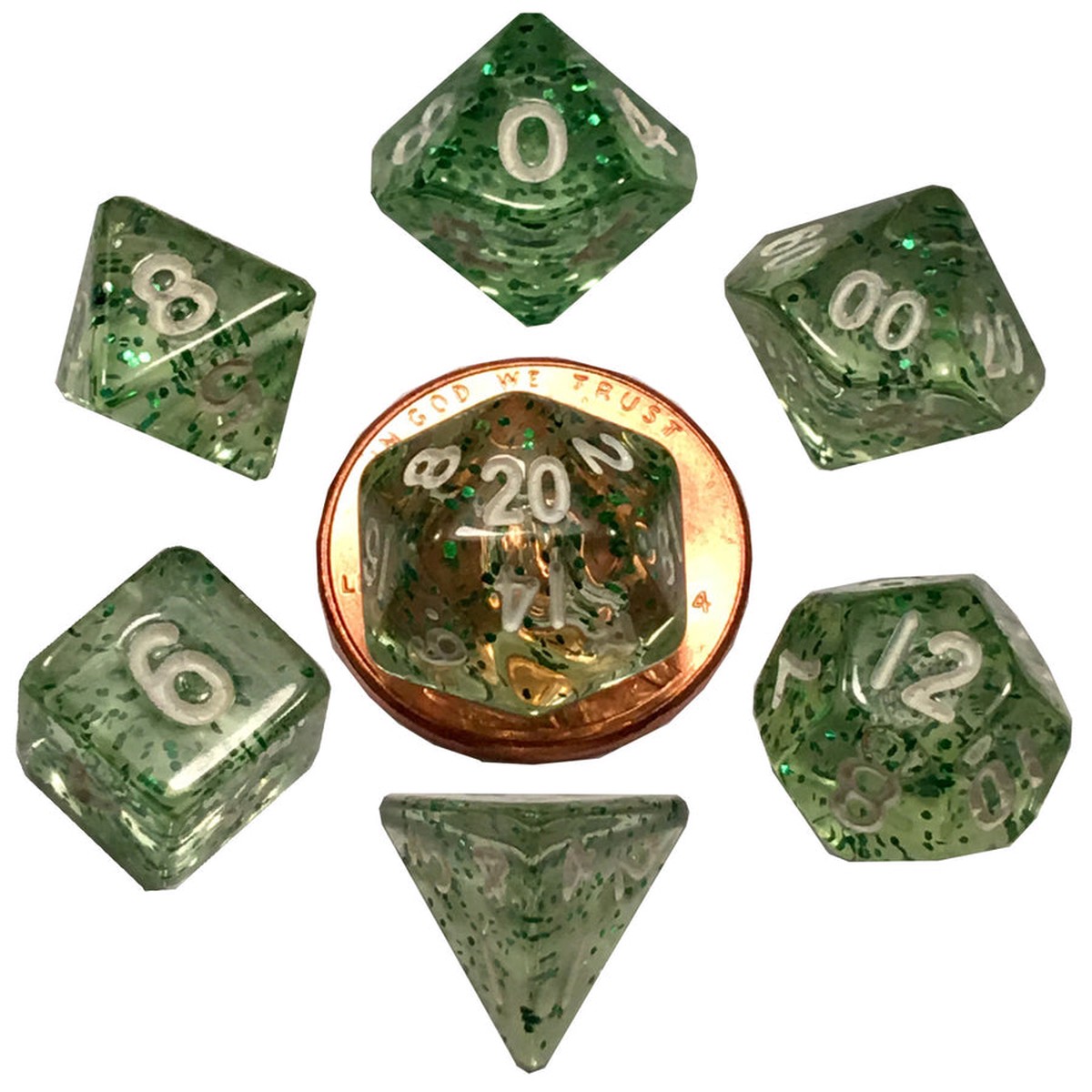 Metallic Dice Games - Mini Polyhedral Dice Set White Numbers - Ethereal Green