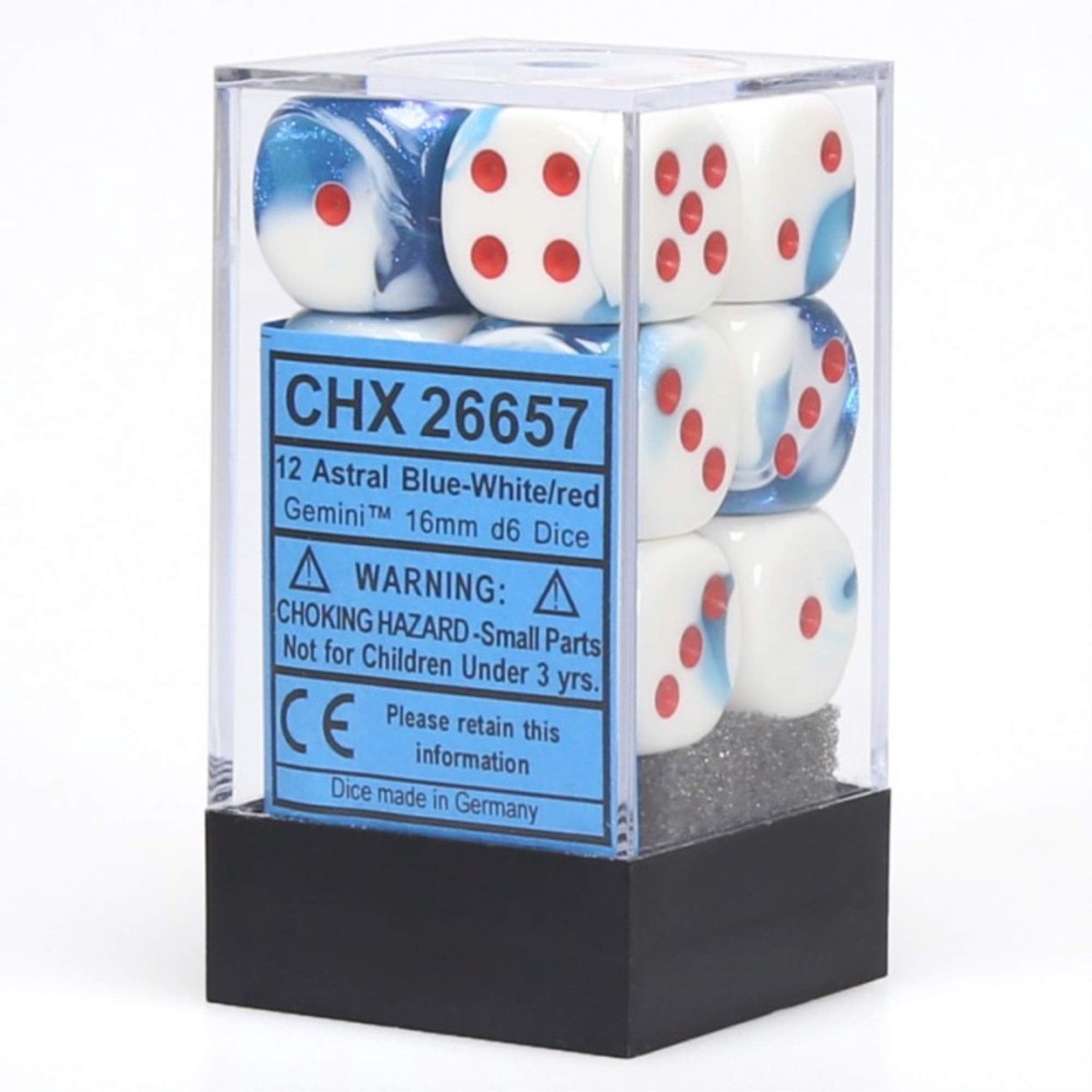 Chessex - Gemini 16mm D6 Dice Block 12-Piece Set - Astral Blue/White/Red