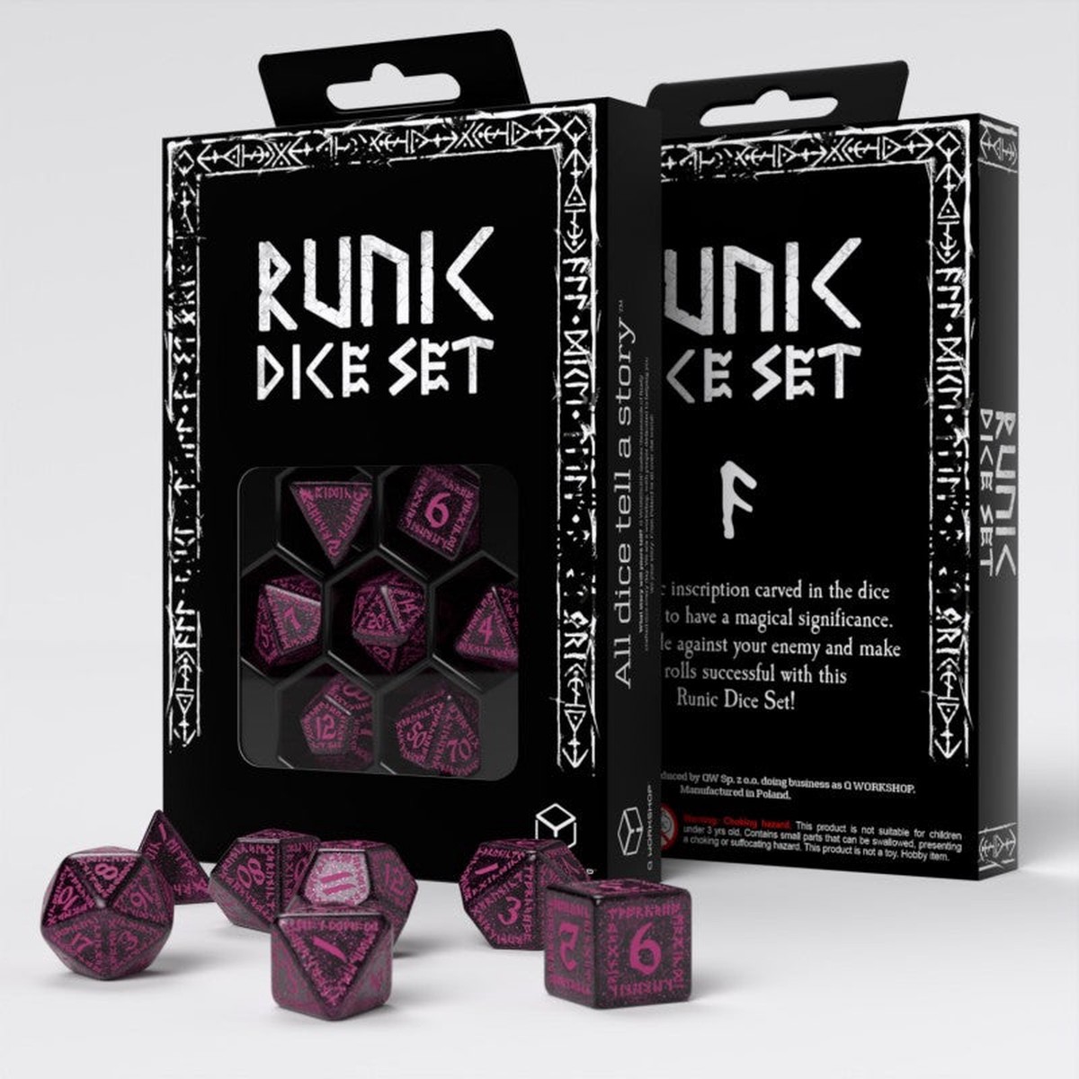 Q Workshop - Runic Shimmering RPG Dice Set - Black with Magenta