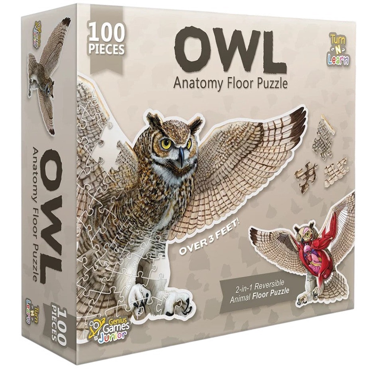 Genius Games Double Sided Owl Animal Anatomy Floor 100 Piece Jigsaw