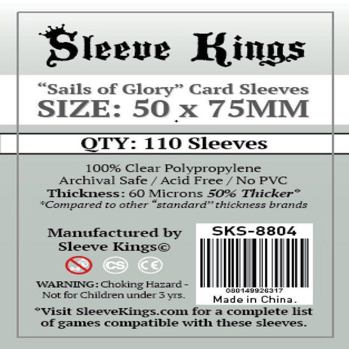Sleeve Kings - Sails of Glory Board Game Card Sleeves 110-Pieces 50 mm x 75 mm Size - Clear