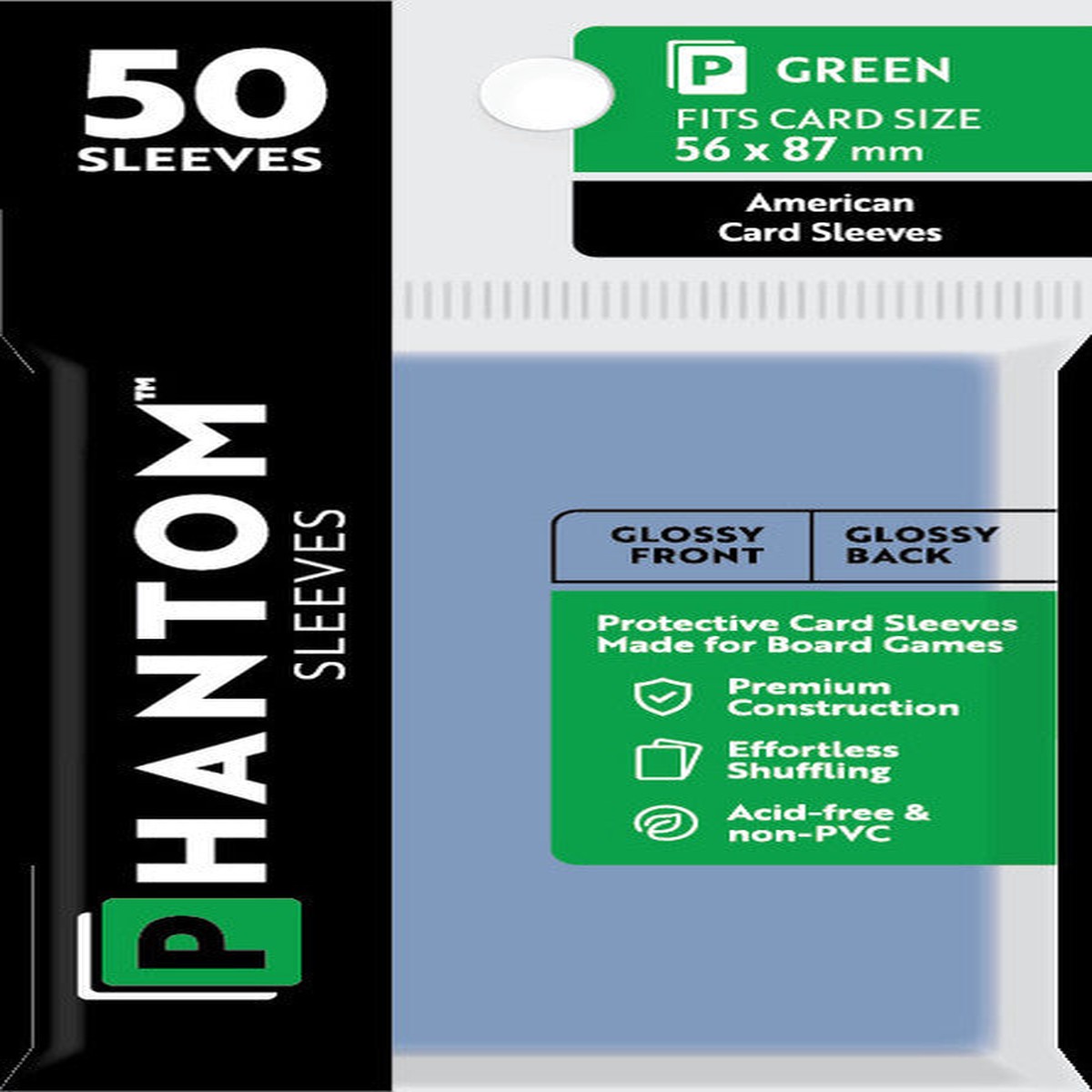 Phantom Sleeves - Gloss Front/Gloss Back Green Card Sleeves 50-Pieces 56 mm x 87 mm Size - Clear