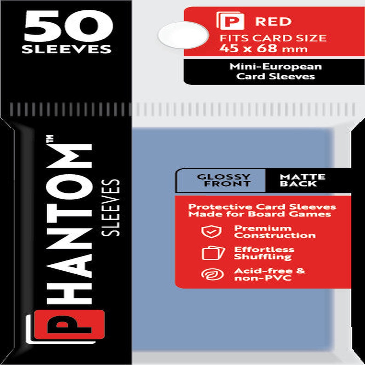 Phantom Sleeves - Gloss Front/Matte Back Red Card Sleeves 50-Pieces 45 mm x 68 mm Size - Clear