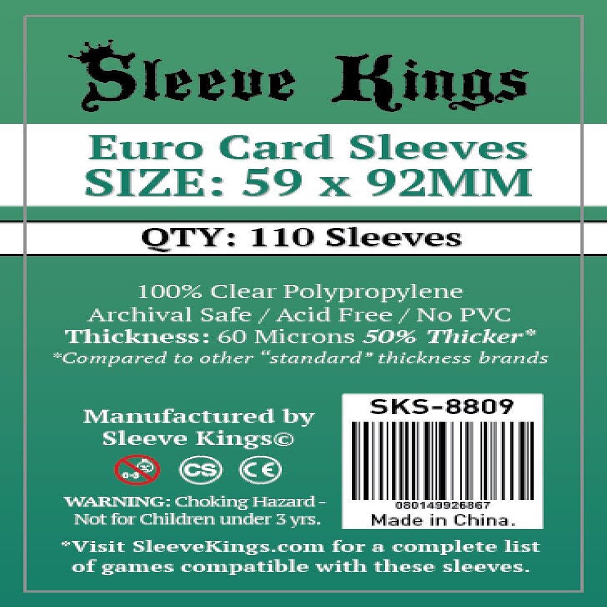 Sleeve Kings Euro Board Game Sleeves 110-Piece Set 59mm x 92mm